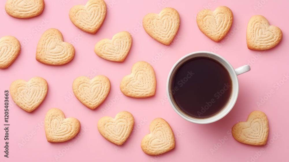 Homemade heart-shaped cookies with icing and a cup of coffee on a pink floral background, with empty space for text on the right. Concept for Valentine's day, love, women's day, mother's day. Homemade heart-shaped cookies with icing and a cup of coffee on a pink floral background, with empty space for text on the right. Concept for Valentine's day, love, women's day, mother's day.