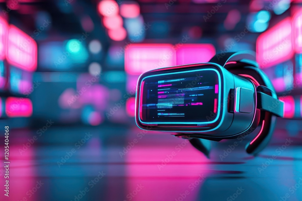 Obraz premium A hyperrealistic VR headset being used in a futuristic gaming room, neon accents, dynamic perspective