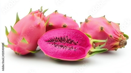 A vibrant dragon fruit is displayed, cut in half, revealing its textured flesh, with one half partially eaten, showcasing its exotic appeal. photo