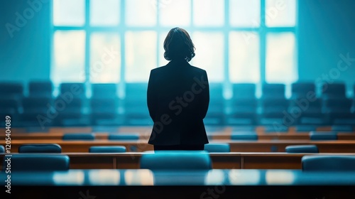 A lawyer s shadow standing confidently in a courtroom, dramatic lighting with a professional tone photo