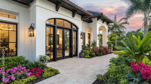 Wallpaper Mural Minimalist garden home with clean white walls, large glass doors, and a vibrant mix of flowers and greenery in the front yard Torontodigital.ca