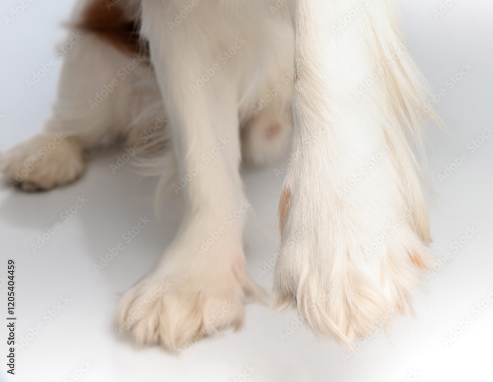 closeup of white spaniel dog paws sitting closeup of white spaniel dog paws sitting