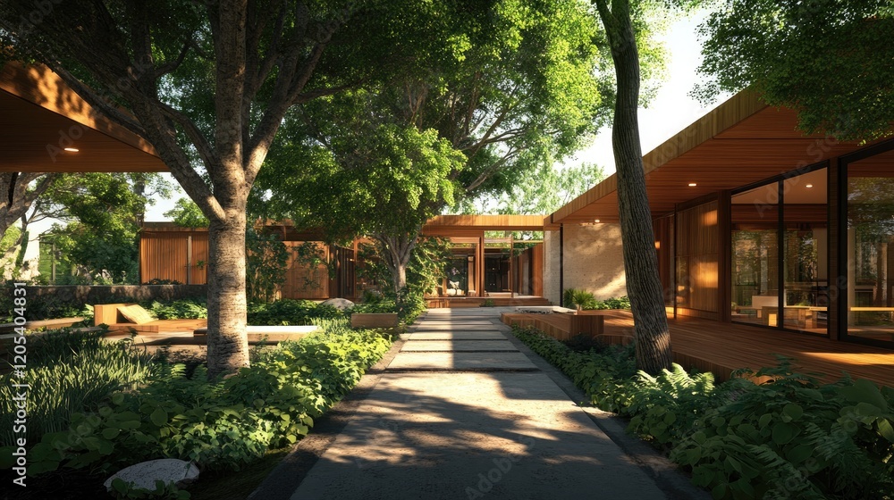 Modern garden house with natural wooden elements, open spaces, and a surrounding garden bursting with life Modern garden house with natural wooden elements, open spaces, and a surrounding garden bursting with life