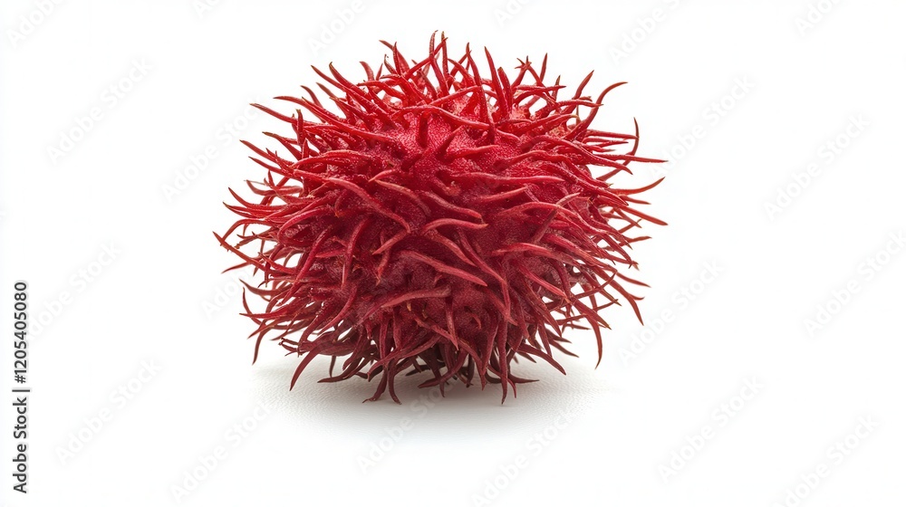 Fototapeta premium A vibrant red fruit ball rests on a clean, white surface, showcasing its glossy texture and vivid color against the minimalist background.