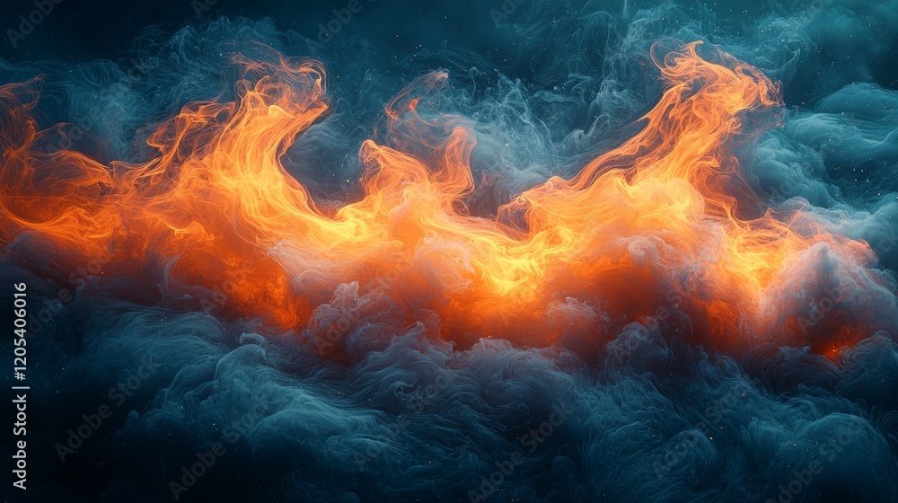 Fototapeta premium Fiery orange flames against blue smoke