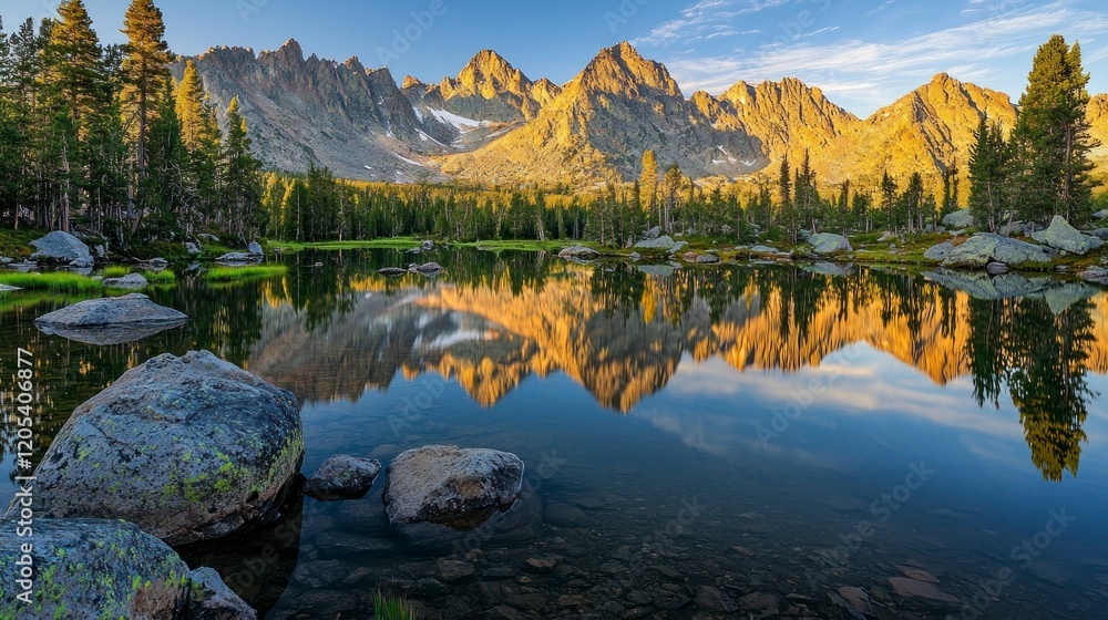 Fototapeta premium A serene mountain lake reflecting the surrounding peaks and trees