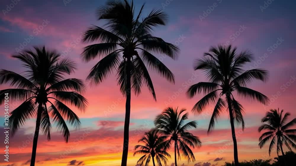 Silhouetted palms against vibrant sunset sky, creating serene and tranquil atmosphere in nature's scenic landscape Silhouetted palms against vibrant sunset sky, creating serene and tranquil atmosphere in nature's scenic landscape