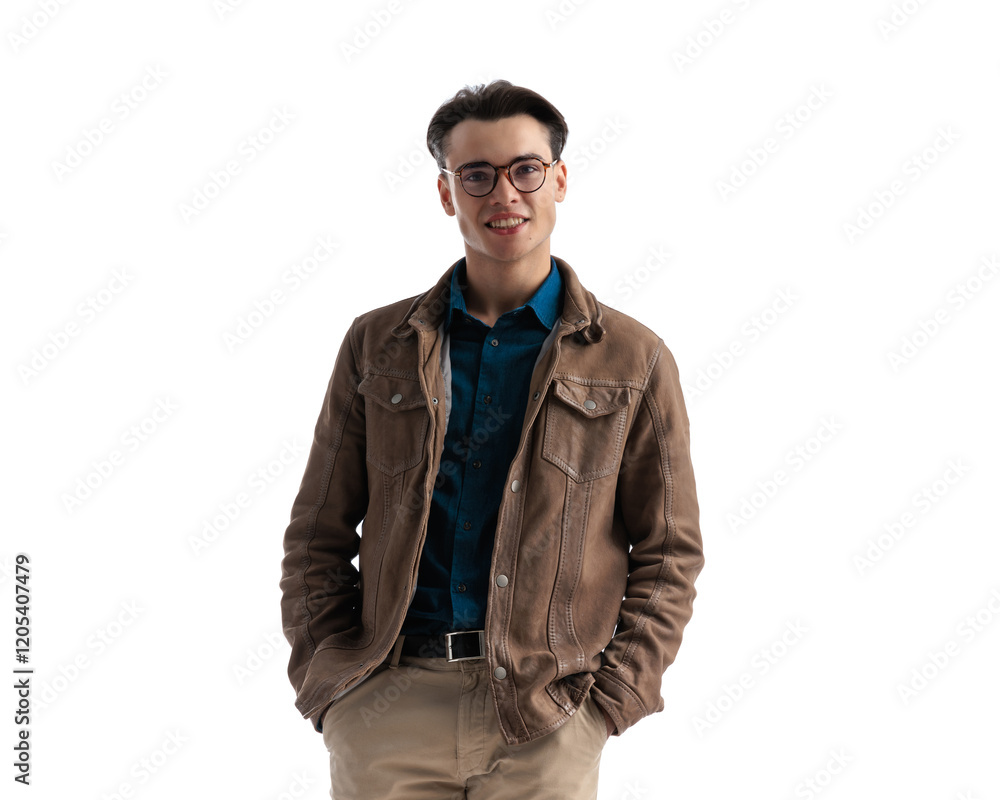 close up of attractive smart casual man in leather jacket close up of attractive smart casual man in leather jacket