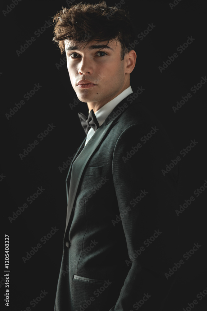 side view of young groom in black tuxedo holding pockets side view of young groom in black tuxedo holding pockets