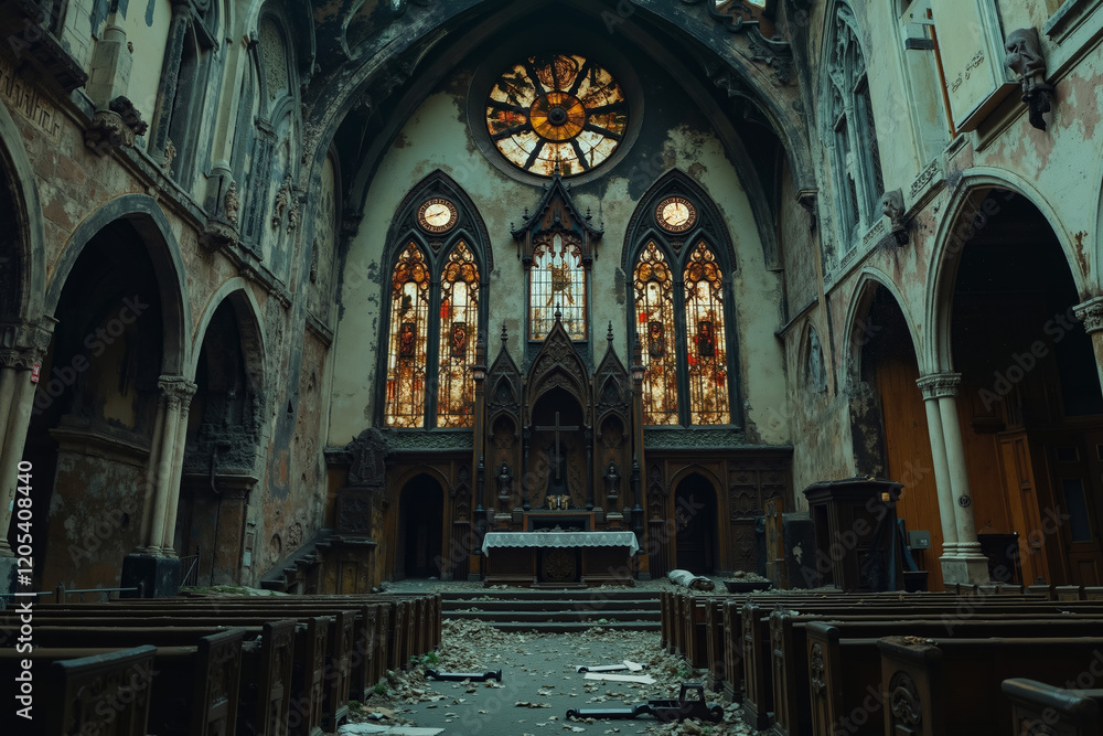 Obraz premium A church with stained glass windows and pews in it