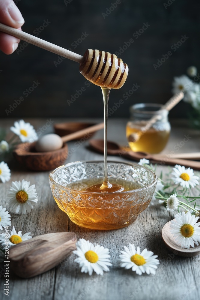 Honey Dripping into Jar Surrounded by Flowers and Natural Accents Honey Dripping into Jar Surrounded by Flowers and Natural Accents