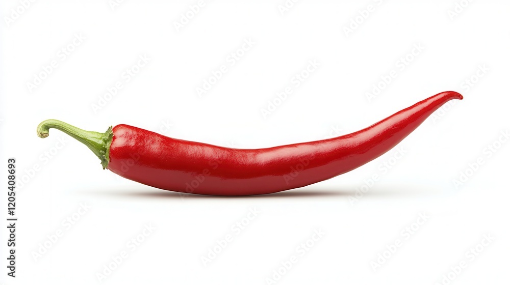 A vibrant red chili pepper rests against a clean white background, showcasing its glossy surface and fresh green stem. A vibrant red chili pepper rests against a clean white background, showcasing its glossy surface and fresh green stem.