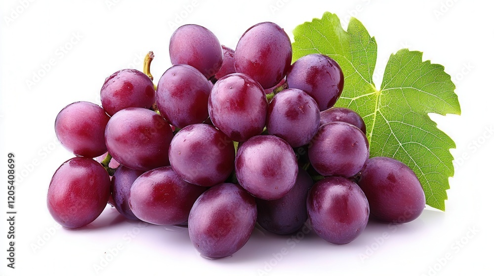 A vibrant bunch of grapes with lush green leaves, elegantly displayed against a clean white background, highlighting its natural beauty and freshness. A vibrant bunch of grapes with lush green leaves, elegantly displayed against a clean white background, highlighting its natural beauty and freshness.