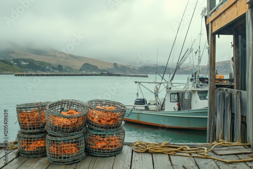 Crab Pots - Stacked and Empty by the Dock in Bodega Bay, California photo