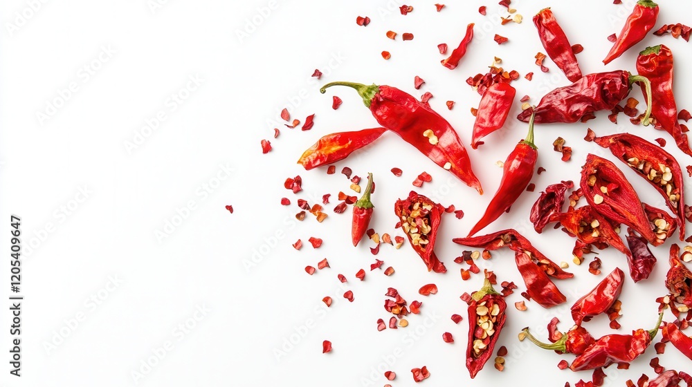 A collection of vibrant red peppers rests on a clean white surface, showcasing their glossy skin and scattered seeds nearby. A collection of vibrant red peppers rests on a clean white surface, showcasing their glossy skin and scattered seeds nearby.