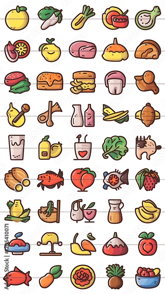 Big number of foods from various categories. Isolated vector icons Big number of foods from various categories. Isolated vector icons
