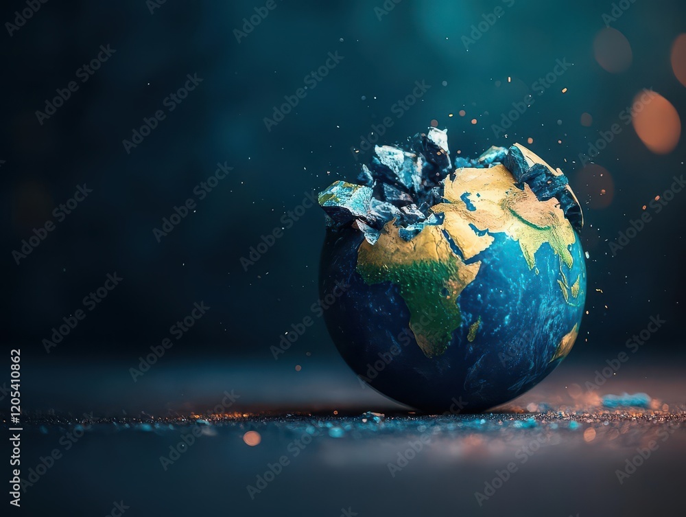 Obraz premium A symbolic representation of humanity s impact, Earth breaking apart under industrial pressure