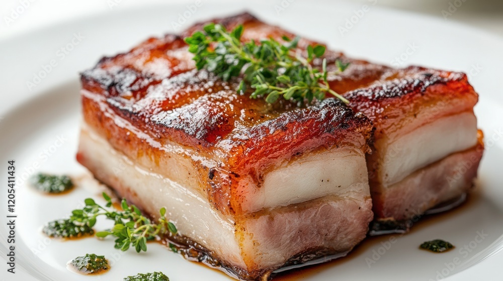 Juicy pork belly with soft lighting, emphasizing the crispy texture and succulent interior, styled on a minimalist white plate Juicy pork belly with soft lighting, emphasizing the crispy texture and succulent interior, styled on a minimalist white plate