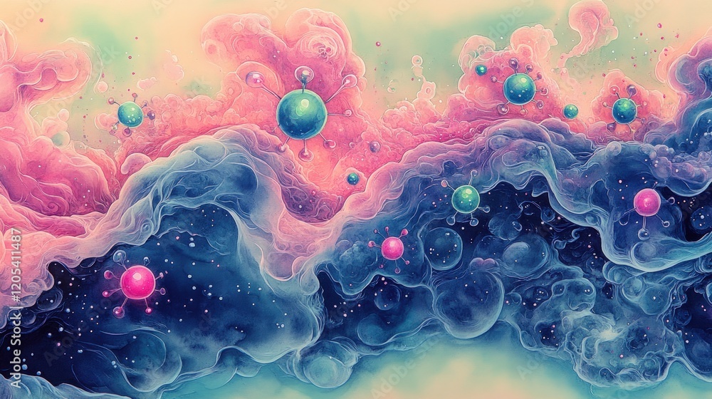 Abstract art; swirling colors, floating spheres. Abstract art; swirling colors, floating spheres.