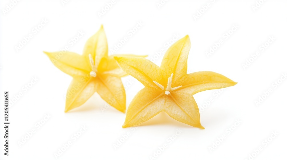 Fototapeta premium Two vibrant yellow flowers rest elegantly on a pristine white surface, creating a striking contrast that highlights their beauty.