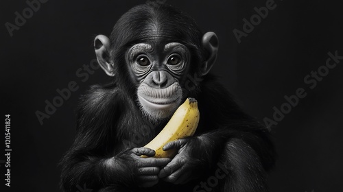 Cute chimpanzee holding a banana against a black background. photo