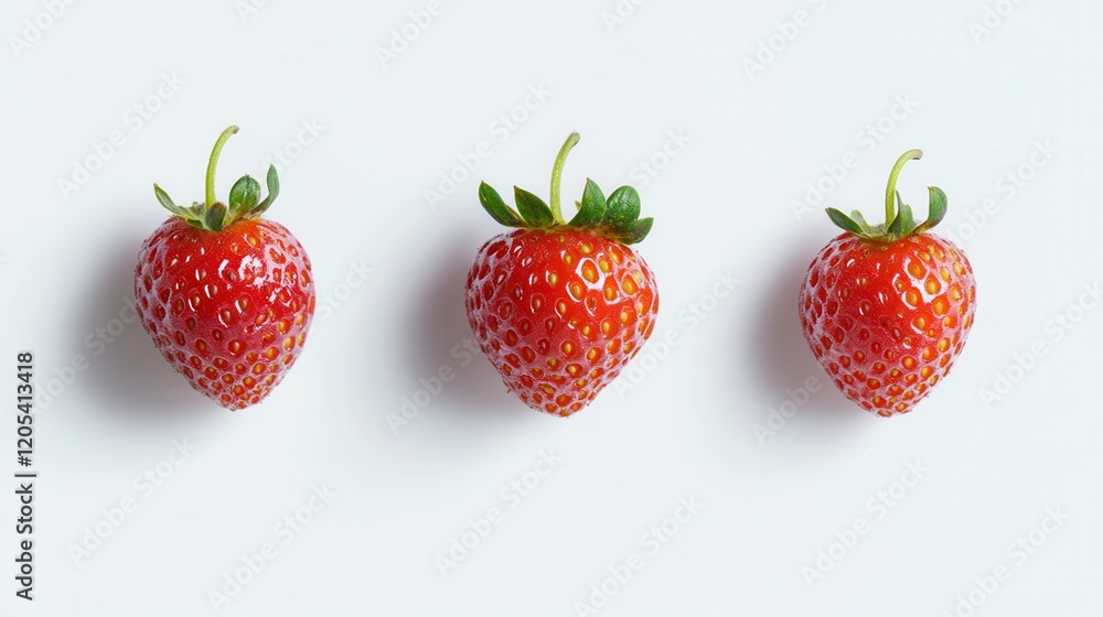 Three vibrant strawberries are neatly placed in a row on a clean white surface, showcasing their bright red color and fresh appearance. Three vibrant strawberries are neatly placed in a row on a clean white surface, showcasing their bright red color and fresh appearance.