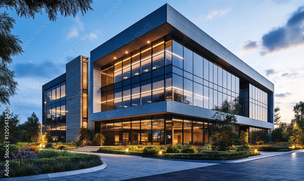 Modern office building at dusk, landscaped grounds (2) Modern office building at dusk, landscaped grounds (2)