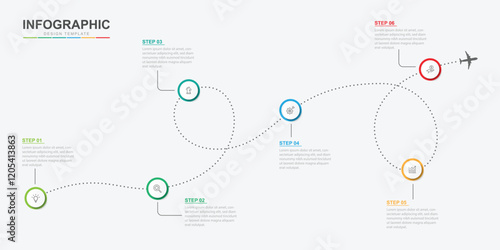 Infographic design template. Timeline concept with 6 steps. Can be used for workflow layout, diagram, banner, webdesign. Vector illustration