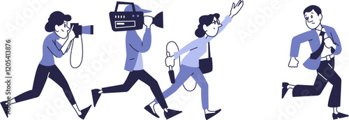 Energetic pursuit of journalists for a sensational interview – reporters and a cameraman chasing a running person, trying to get an exclusive story.
