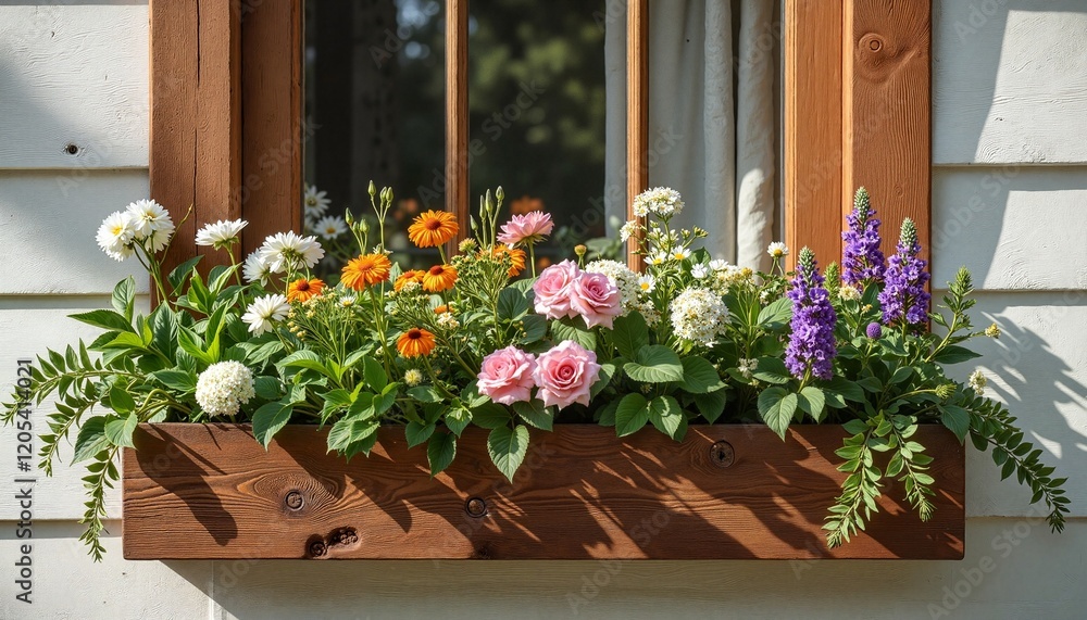Fototapeta premium Charming Rustic Wooden Window Box Filled with Colorful Blooming Flowers for Home Decor