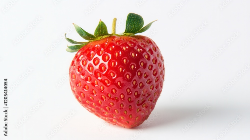 A fresh strawberry with vibrant green leaves, set against a clean white background, ideal for highlighting its natural beauty and freshness. A fresh strawberry with vibrant green leaves, set against a clean white background, ideal for highlighting its natural beauty and freshness.