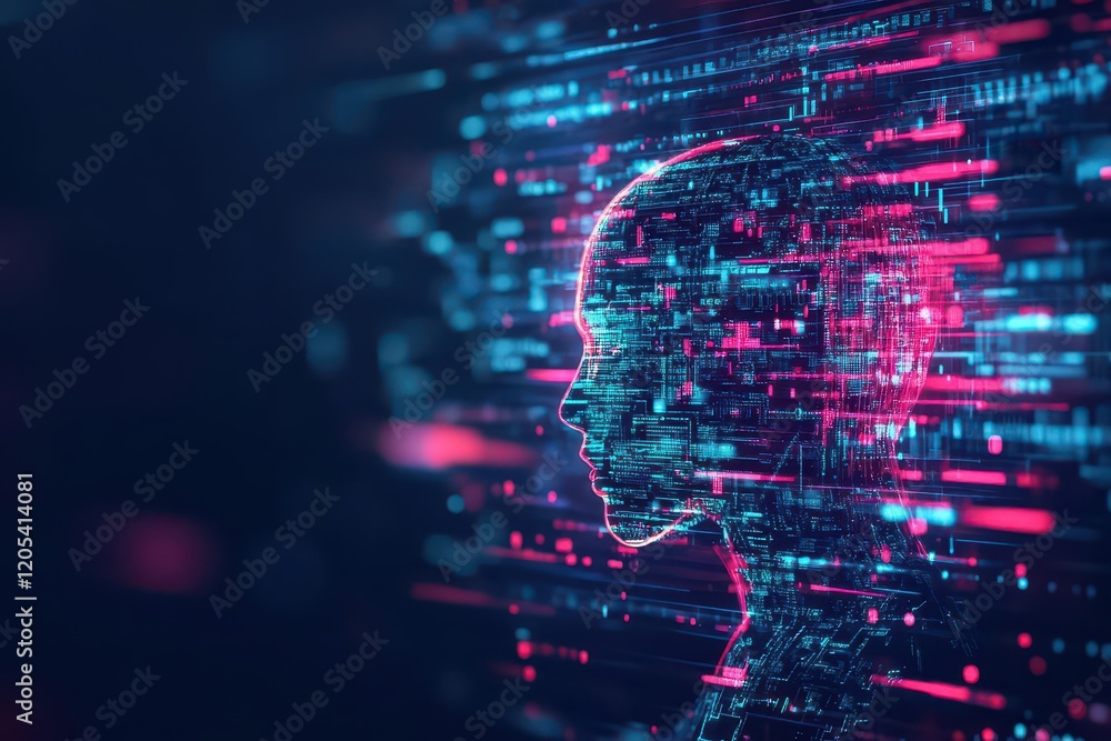 Obraz premium Futuristic Human Head Surrounded by Interactive Digital Interface Displaying Data Graphics and Visual Elements in a High-Tech Conceptual Environment