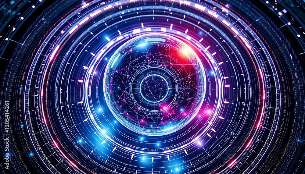 Obraz premium Abstract Futuristic Technology Sphere Rotating Within Concentric Circles