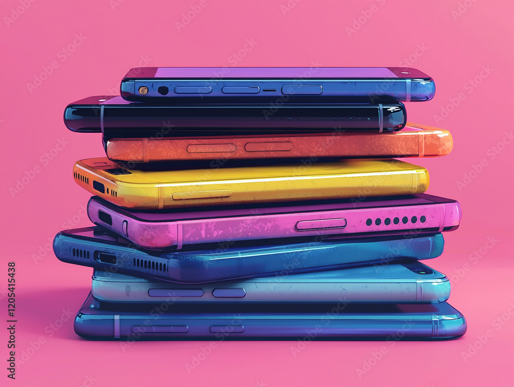 カラフルなスマートフォンの積み重ね カラフルなスマートフォンの積み重ね