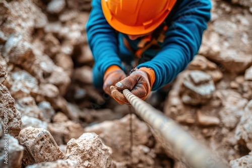 An explorer using a rope to descend into a mysterious trap pit filled with ancient artifacts photo