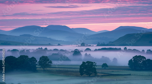 Village Morning Mist with Rolling Hills and Pastoral Landscape at Dawn