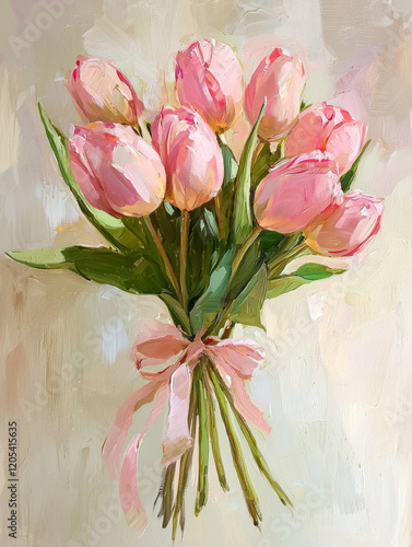 Elegant oil painting of a bouquet of pink tulips tied with a delicate pink ribbon against a soft beige textured background, featuring expressive brushwork and romantic spring palette