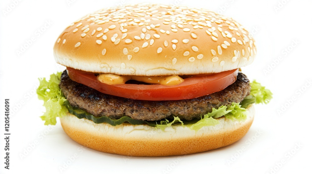 A delicious hamburger featuring fresh lettuce, ripe tomato, and melted cheese, all nestled in a soft bun, perfect for satisfying cravings. A delicious hamburger featuring fresh lettuce, ripe tomato, and melted cheese, all nestled in a soft bun, perfect for satisfying cravings.