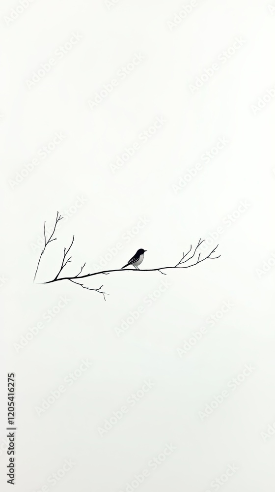 Obraz premium Minimalist Artwork Featuring a Solitary Bird Resting Gracefully on a Bare Branch