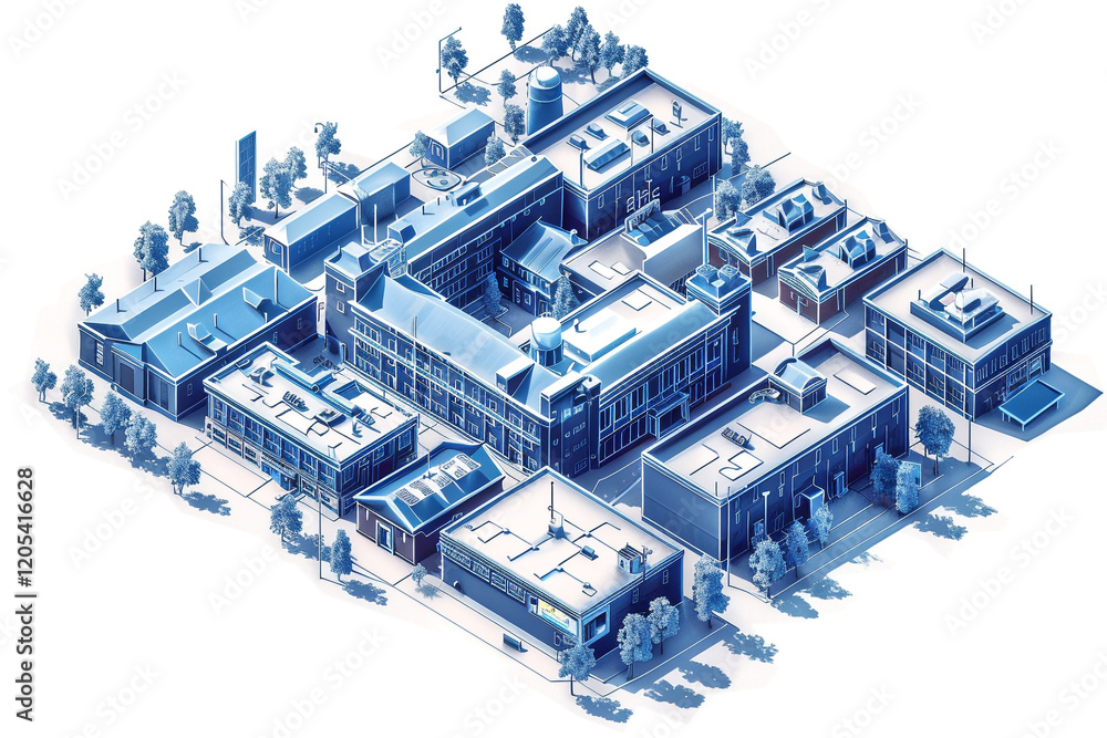 Isometric Tech School Illustration with Blue Glow and Data Grid Isometric Tech School Illustration with Blue Glow and Data Grid