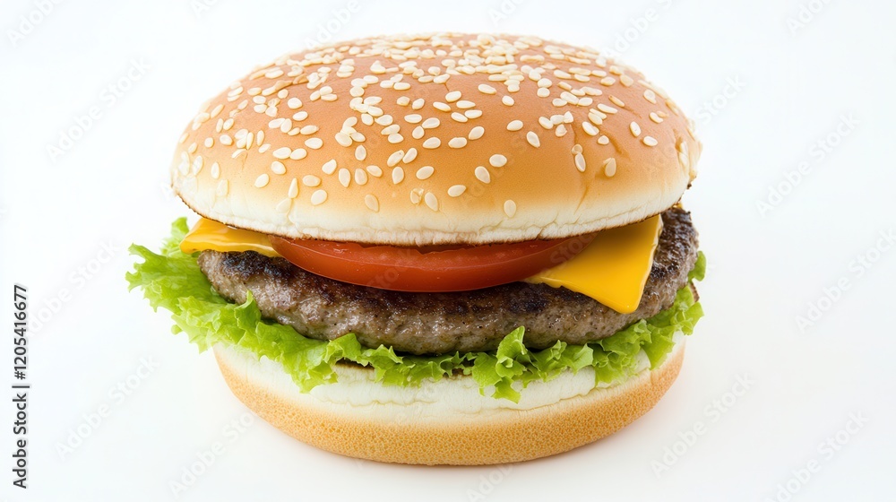 A delicious hamburger topped with cheese and fresh tomato, showcasing a classic fast food delight that appeals to all burger enthusiasts. A delicious hamburger topped with cheese and fresh tomato, showcasing a classic fast food delight that appeals to all burger enthusiasts.