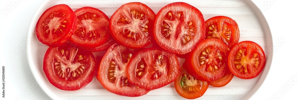 Thin Tomato Slices Arranged in a Circle on a White Plate Creating a Vibrant Culinary Delight Thin Tomato Slices Arranged in a Circle on a White Plate Creating a Vibrant Culinary Delight