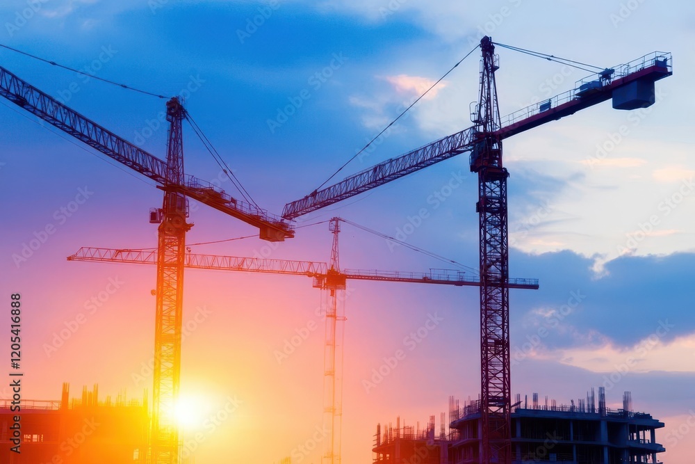 Construction site with cranes at sunset, industrial vibe, warm tones, wideangle view Construction site with cranes at sunset, industrial vibe, warm tones, wideangle view