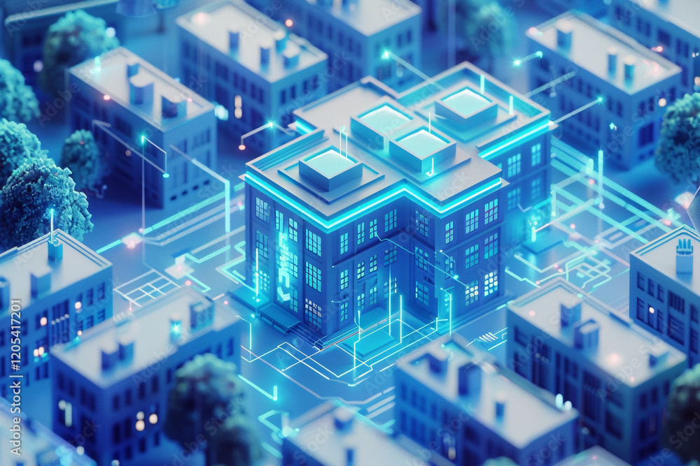 Isometric Tech School Illustration with Blue Glow and Data Grid Isometric Tech School Illustration with Blue Glow and Data Grid