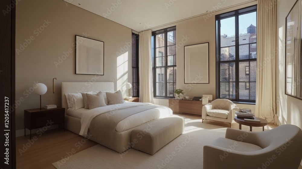 Minimalist bedroom, featuring clean lines, neutral tones, and uncluttered decor for a serene and sophisticated atmosphere Minimalist bedroom, featuring clean lines, neutral tones, and uncluttered decor for a serene and sophisticated atmosphere