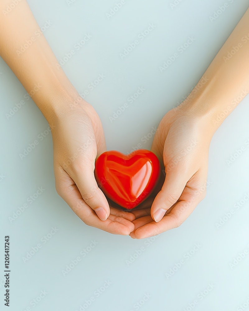 Obraz premium Gentle Hands Cradle a Small Red Heart on a Smooth Pastel Surface, Symbolizing Care and Affection