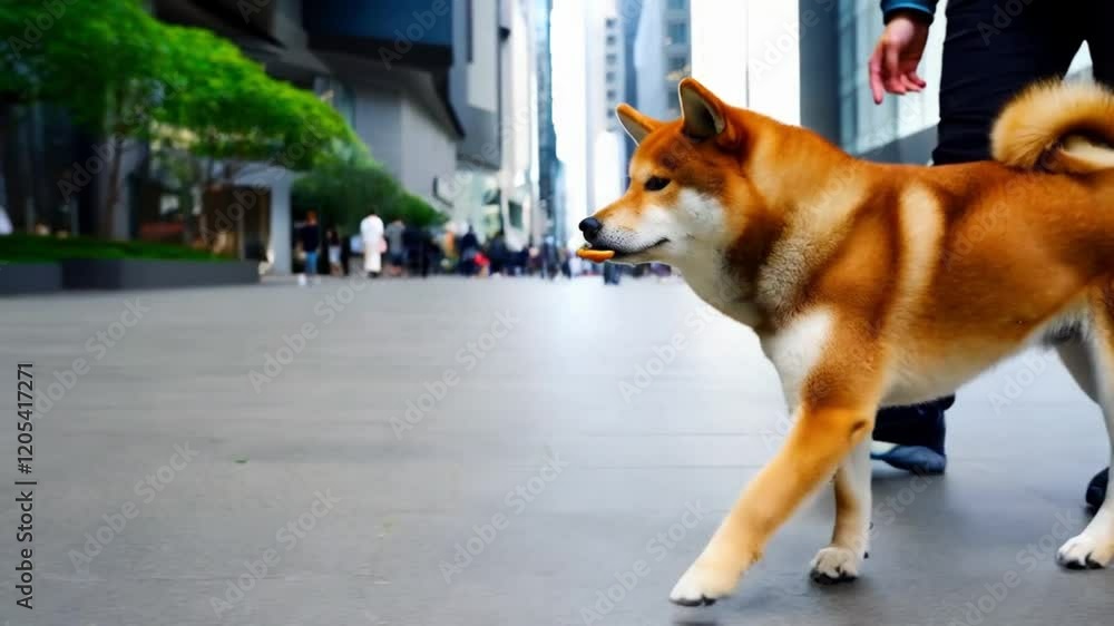 Walk with pet dog in city. Training a dog breed Shiba inu. Dog takes food from the owner's hand. People and pet friendship concept. Walking with dogs enjoying outdoors. Concept of training animals