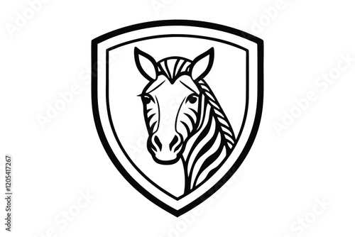 A black and white line drawing of a zebra head in a shield vector art illustration.eps photo