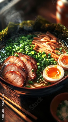 A bowl of ramen with toppings. photo