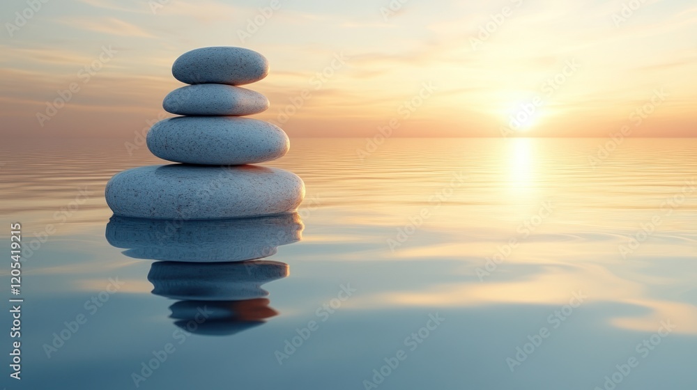 Calm sunset stones, ocean reflection, peace Calm sunset stones, ocean reflection, peace